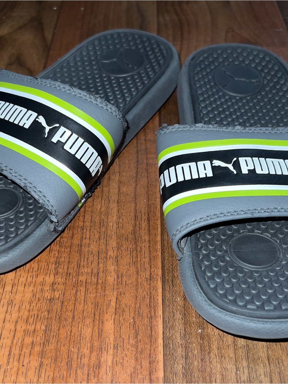 Puma Gray Slides with Neon Green and Black Stripes